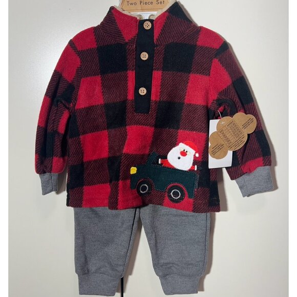 Baby Essentials Christmas Buffalo check Santa Clause Fleece set truck 3m 6m 9m - Picture 1 of 8
